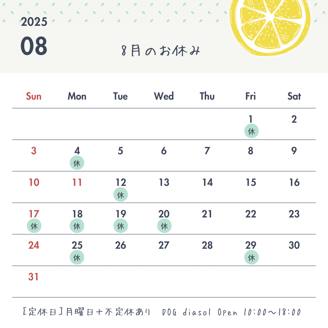 8月のお休みです🍉