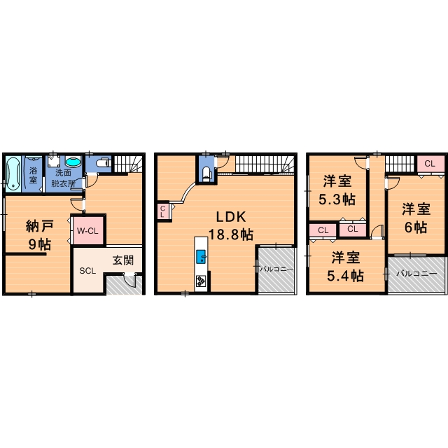 大阪市旭区大宮一丁目 中古戸建 3SLDK 間取り図