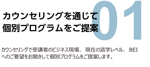 1. カウンセリングを通じて個別プログラムをご提案。カウンセリングで受講者のビジネス現場、現在の語学レベル、BEIへのご要望をお聞きして個別プログラムをご提案します。