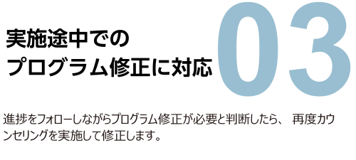 3. 実施途中でのプログラム修正に対応。進捗をフォローしながらプログラム修正が必要と判断したら、再度カウンセリングを実施して修正します。