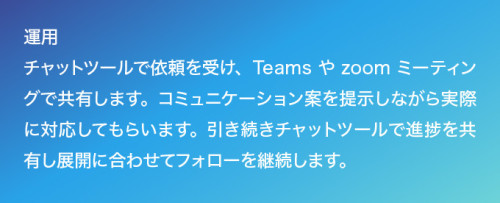 運用 チャットツールで依頼を受け、Teamsやzoomミーティングで共有します。コミュニケーション案を提示しながら実際に対応してもらいます。引き続きチャットツールで進捗を共有し展開に合わせてフォローを継続します。