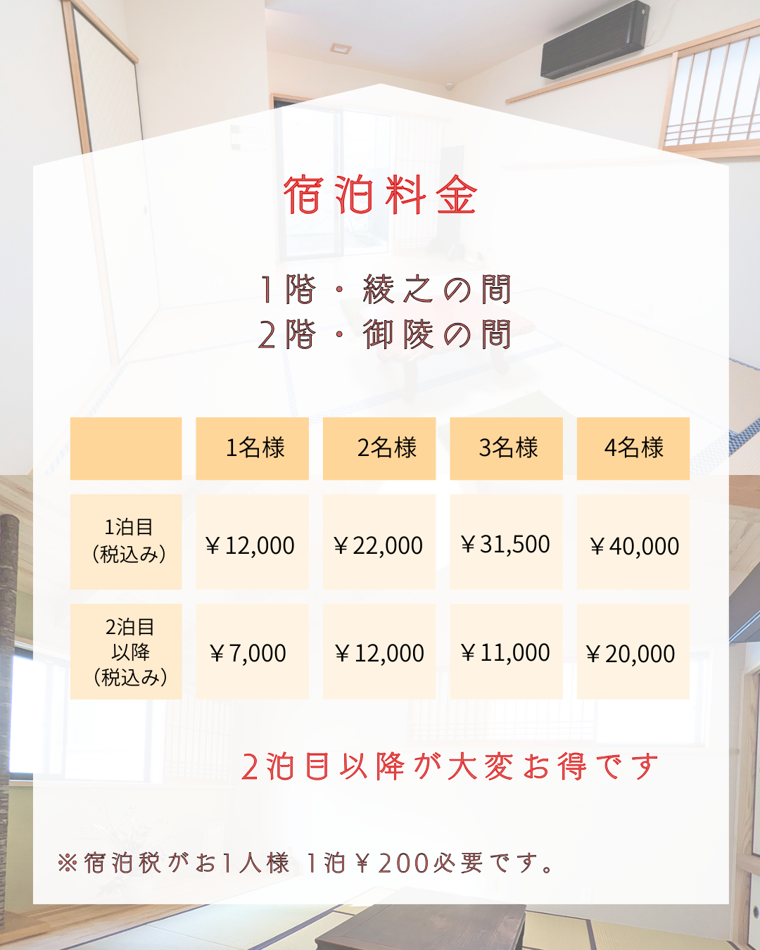 宿泊料金のご案内