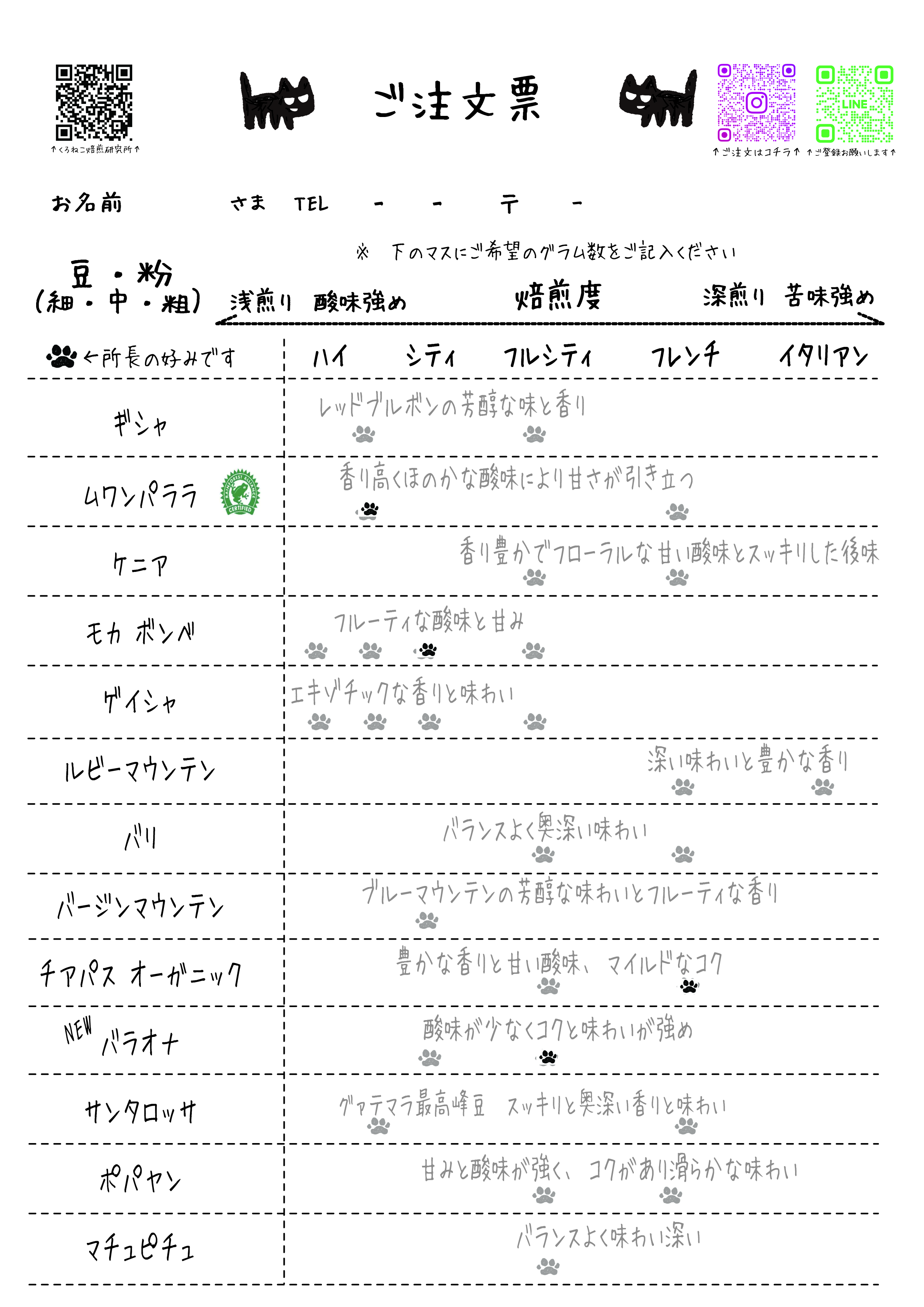 くろねこ焙煎研究所 11月発注票です - くろねこ焙煎研究所