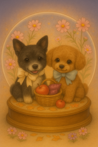 秋の雪 globesと子犬たち.png