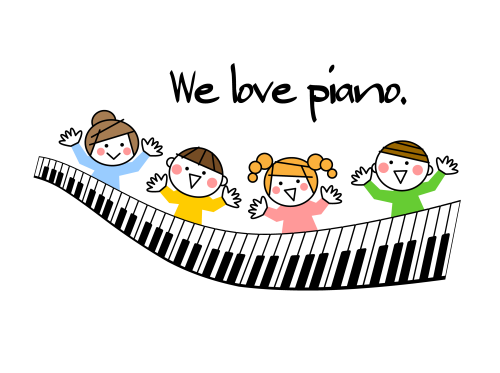 ピアノ教室の可愛い子供達とピアノの鍵盤イラスト.png