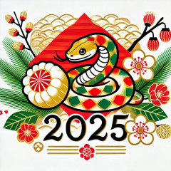 DALL·E 2025-01-01 16.01.20 - A festive Japanese New Year decoration for 2025, featuring elements for the Year of the Snake (巳年). The design is bright and cheerful, incorporating t.jpeg