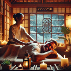 DALL·E 2025-02-11 07.54.06 - A cozy relaxation room at CocoChi with a 50-year-old man lying prone on a bed, receiving an oil massage on his back. The room has a tropical-inspired .jpeg