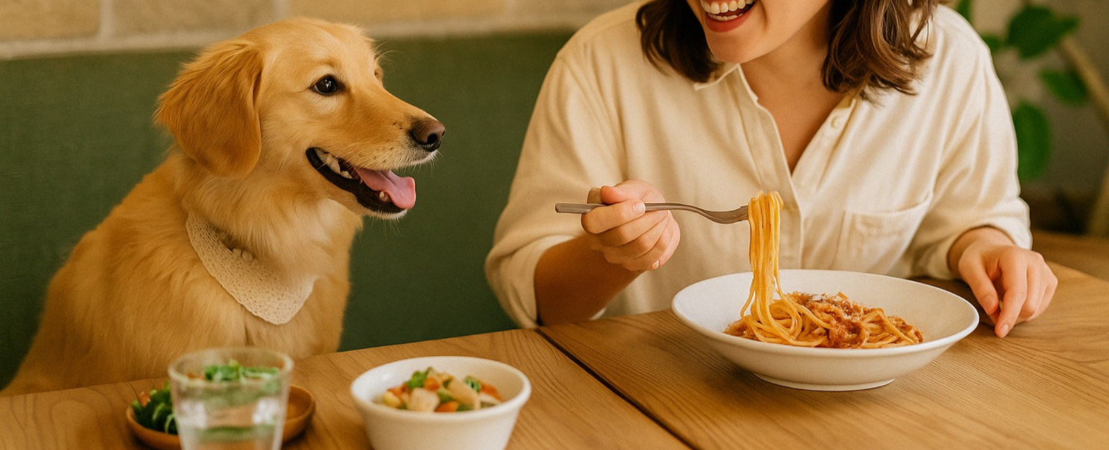 人と犬が同じテーブルで食事を楽しむ様子