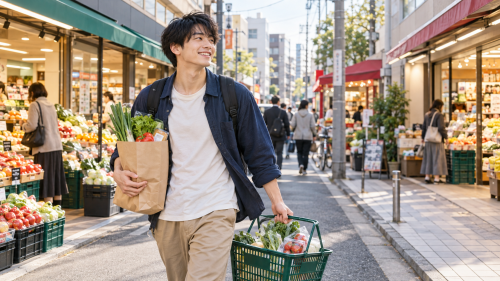 笑顔で歩く青果市場の青年.png