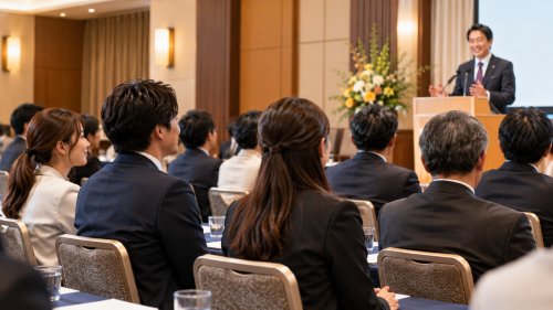 ホテル会議室の講演と熱心な聴衆.png
