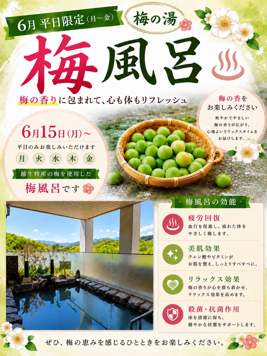 【6月平日限定】越生産の梅を使用した「梅風呂」開催のお知らせ
