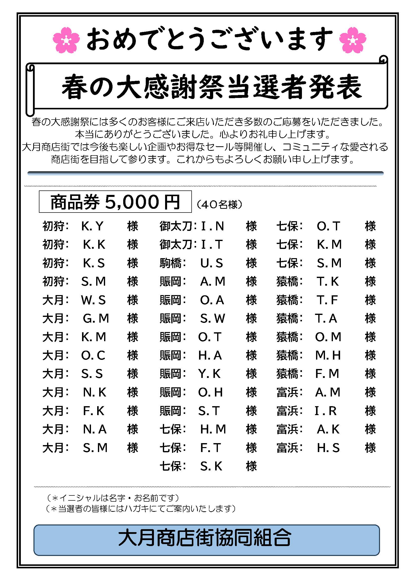 春の大感謝祭　当選者発表！！