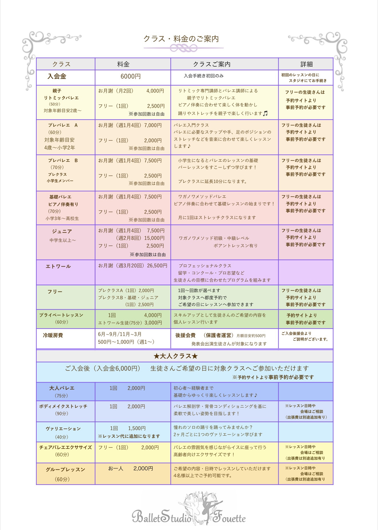料金・クラスのご案内