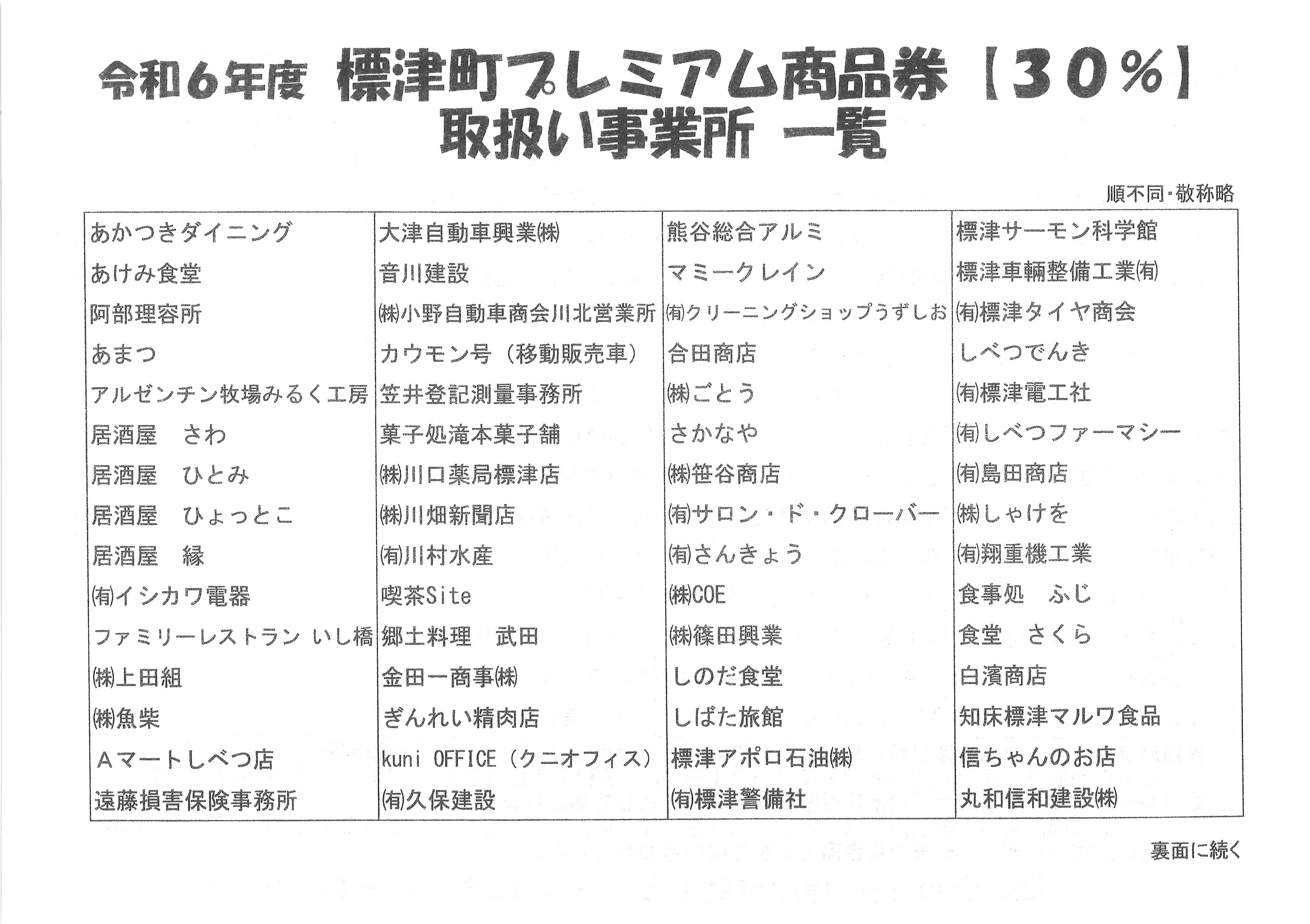 令和6年度物価高騰緊急支援事業「標津町プレミアム商品券発売」取扱い
