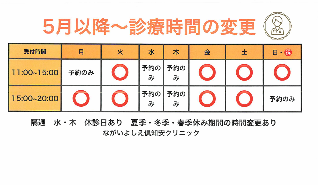 5月以降、診療時間が変更になります。