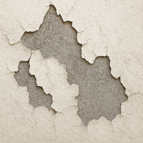 剥がれた漆喰壁。古びた白い壁にひび割れや.png