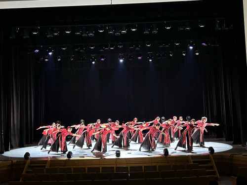 パフォーマンスで扇子の振り付けを踊るかっこいいダンサーたち