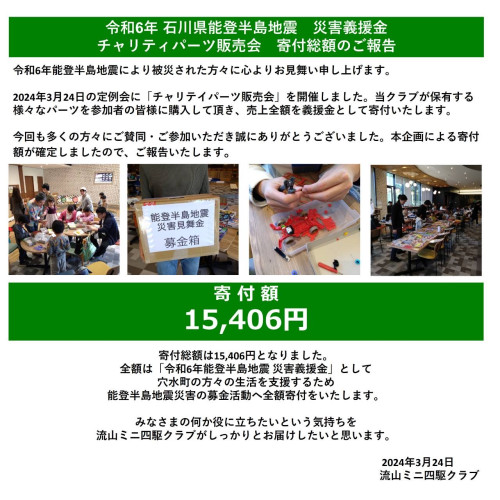 令和6年石川県能登半島地震災害義援金チャリティパーツ販売による寄付総額のご報告 ３