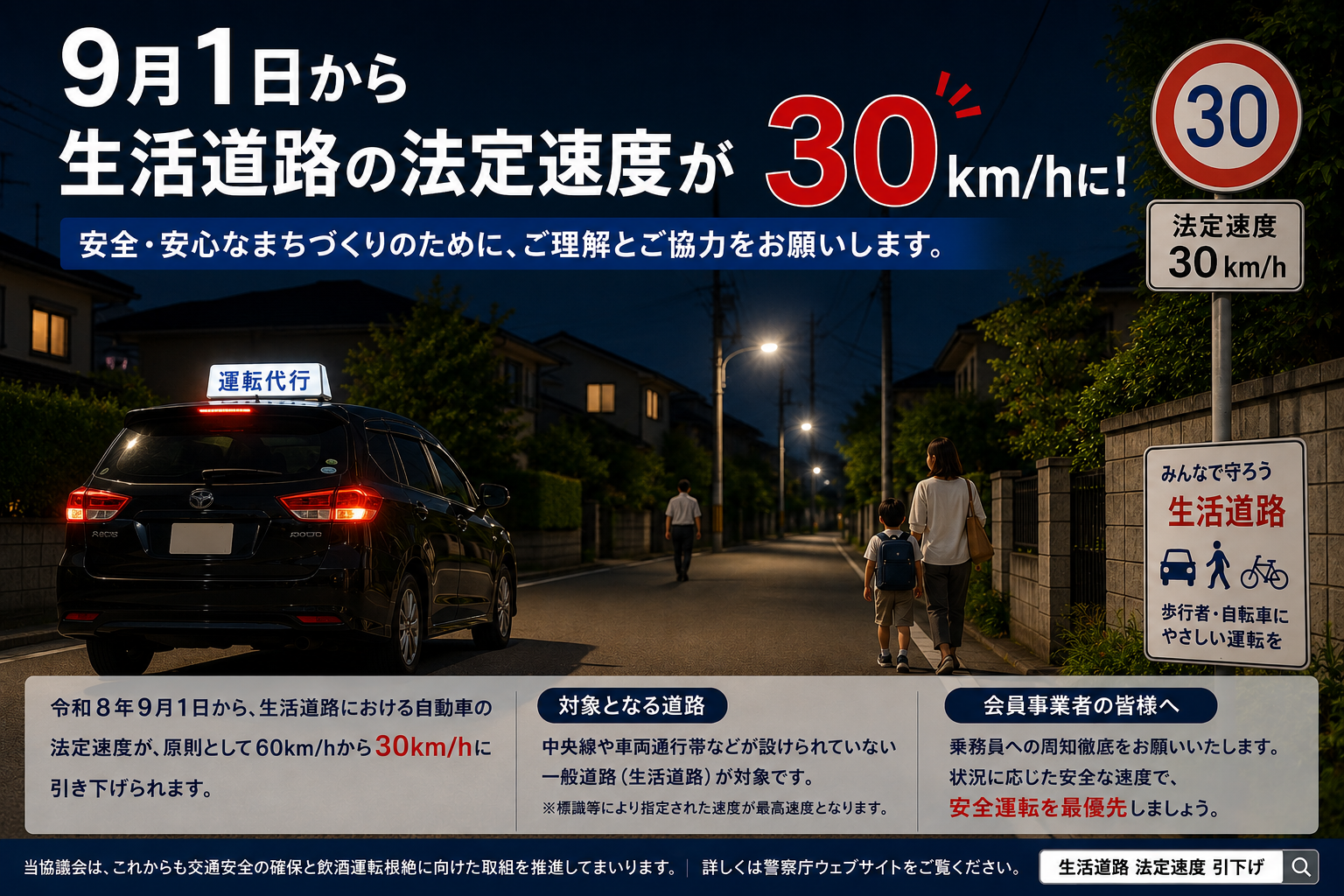 生活道路における自動車の最高速度が引き下げられます（令和８年9月1日施行）