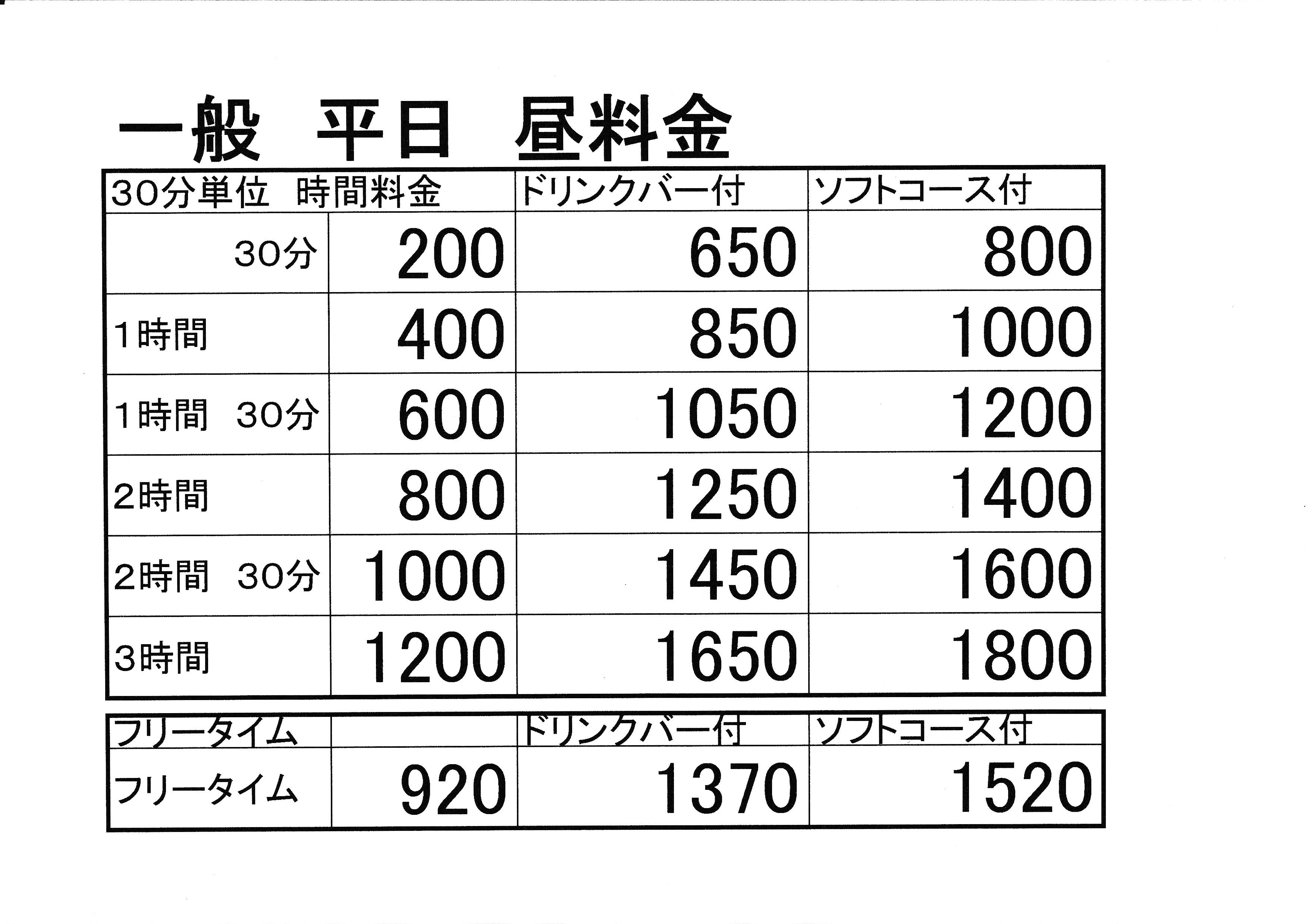 一般　平日　昼料金