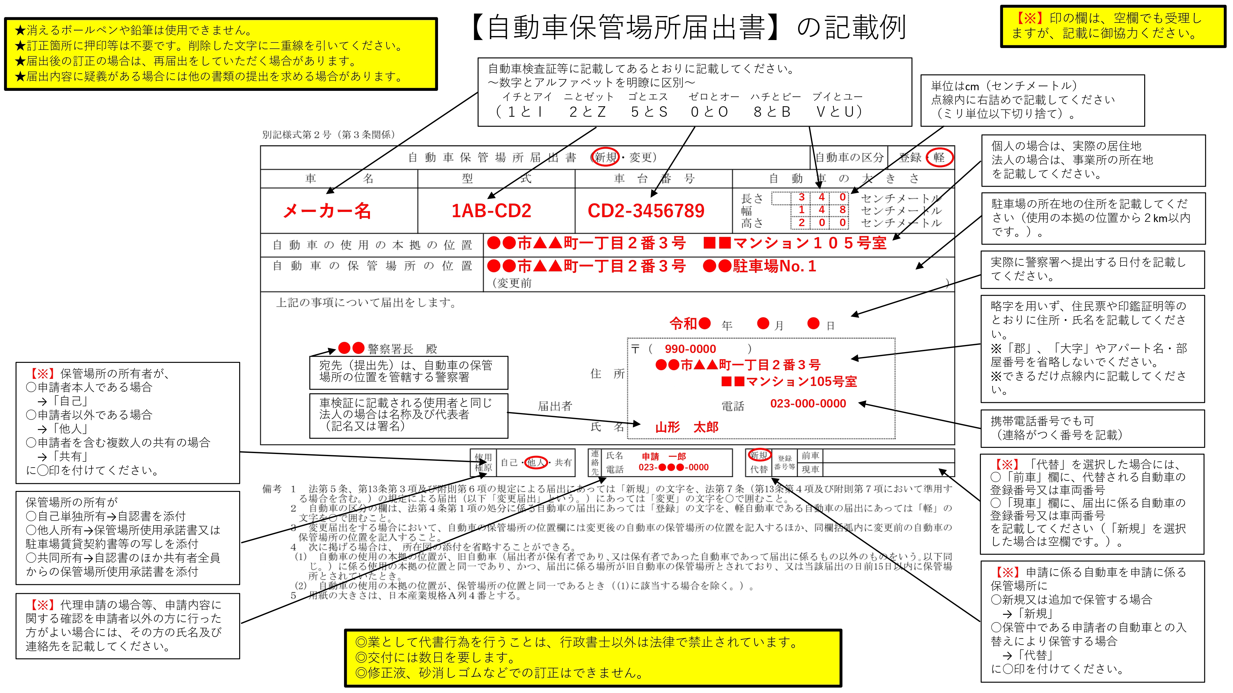 山形県警察 自動車保管場所届出書の記載例