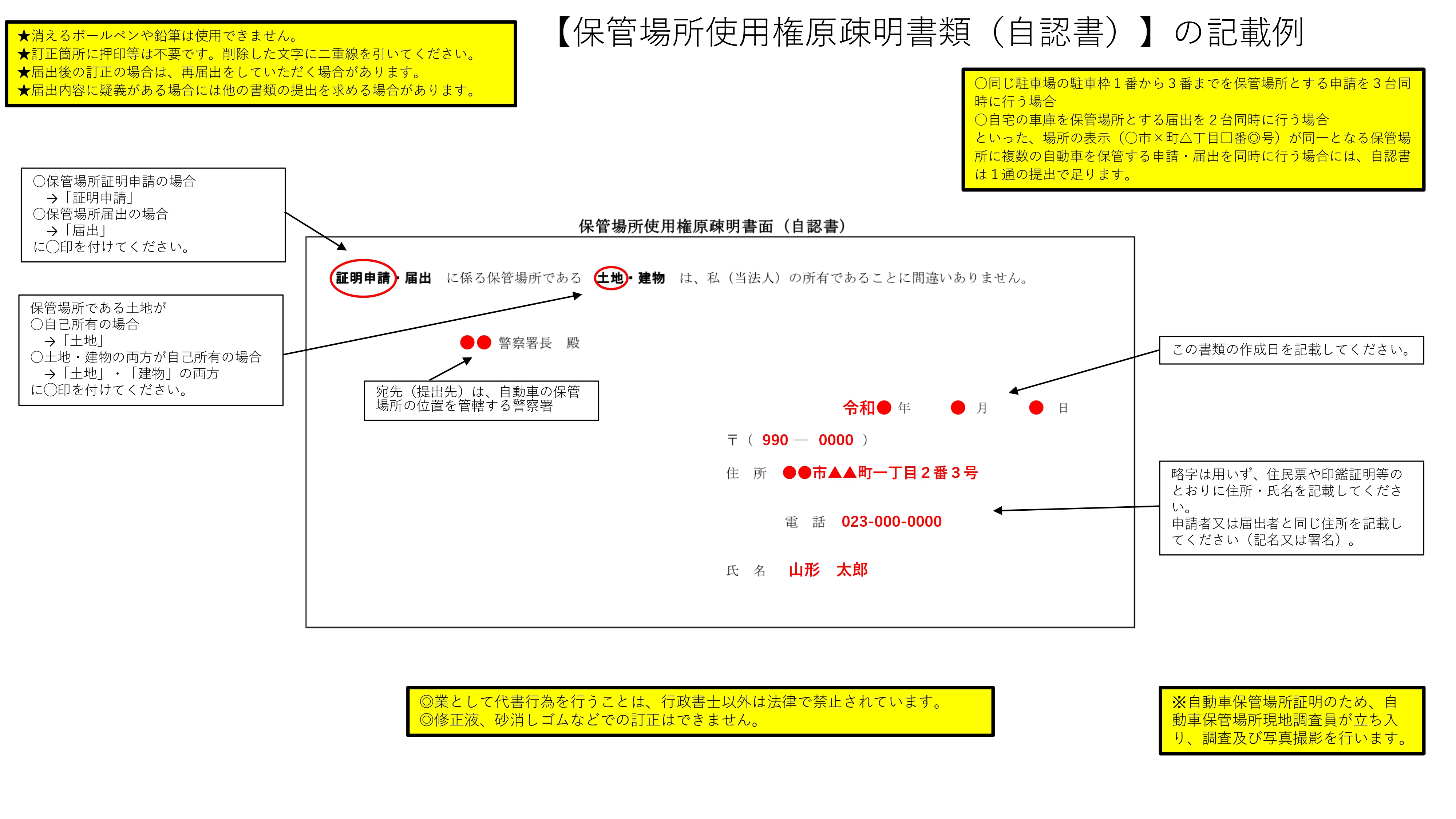 山形県警察 車庫証明 自認書の記載例