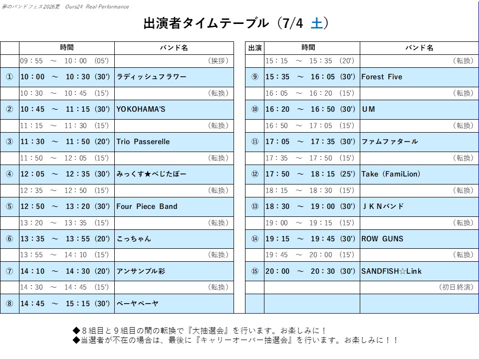 【タイムテーブル公開・前編】 夢のバンドフェス2026夏　１日目のタイムテーブルを発表します！