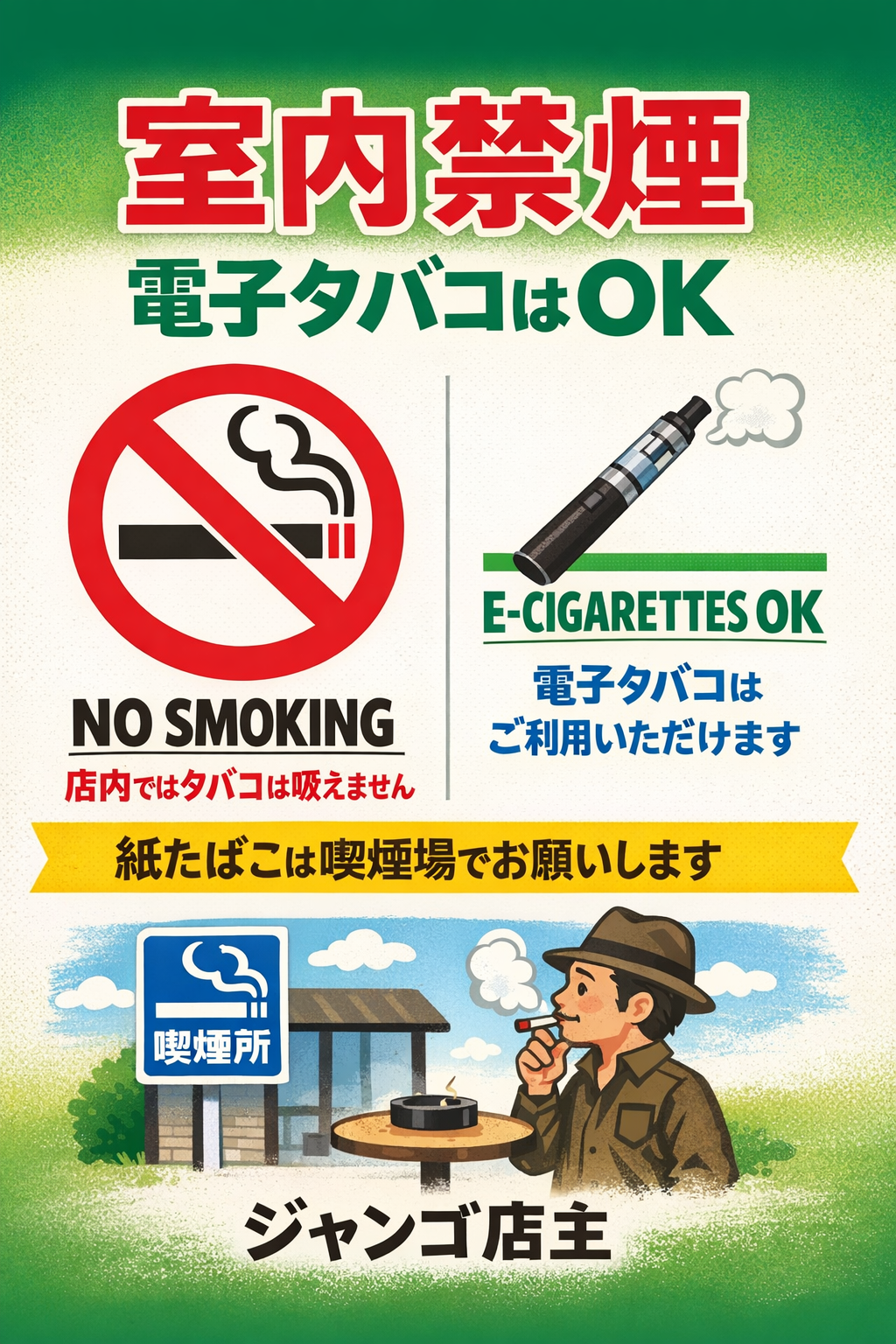 禁煙（電子タバコOK）になりました
