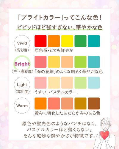 ブライトカラーの色の特徴解説。ビビッド(高彩度・原色系)、ブライト(中〜高彩度・春の花畑のような明るく華やかな色)、ライト(高明度・うすいパステルカラー)、ウォーム(黄みに特化したあたたかみのある色)のカラーチャート。原色や蛍光色のようなパンチはなくパステルほど薄くもない絶妙な鮮やかさ。