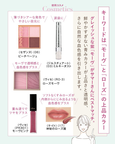 使用コスメの紹介。キーワードは『モーヴ』と『ローズ』の上品カラー。セザンヌ 06 ピーチベージュ、ジルスチュアート 03 ミルキーダスト、ヴィセ RO-3 ローズモーヴ、ヴィセ PK801 モーヴピンク、ケイト 17 神秘のローズ園。グレイッシュな紫『モーヴ』がサマーさんにベストマッチし、鮮やかすぎない青みカラーが上品さと透明感、自然な血色感を引き出すと説明