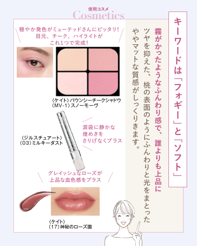 ミューテッドサマーさんのおすすめ使用コスメ。キーワードは「フォギー」と「ソフト」。ケイト バウンシーチークシャドウ(MV-1)スノーモーヴ(目元・チーク・ハイライトが1つで完成する穏やか発色)、ジルスチュアート(03)ミルキーダスト(涙袋に静かな煌めき)、ケイト(17)神秘のローズ園(グレイッシュなローズで上品な血色感)。ツヤを抑えた、桃の表面のようにふんわり光をまとったややマットな質感がしっくりきます。