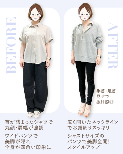 骨格スクエアさんのBEFORE・AFTER比較。BEFORE(左):首が詰まったシャツで丸顔・肩幅が強調。ワイドパンツで美脚が隠れ、全身が四角い印象に。AFTER(右):広く開いたネックラインでお顔周りスッキリ。手首・足首見せで抜け感◎。ジャストサイズのパンツで美脚全開!スタイルアップ。