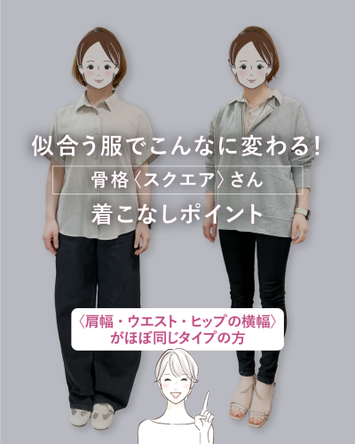 似合う服でこんなに変わる!骨格〈スクエア〉さん 着こなしポイント。〈肩幅・ウエスト・ヒップの横幅〉がほぼ同じタイプの方。中央に女性のイラスト、左右に同じ女性の異なるコーディネートが並んでいます。
