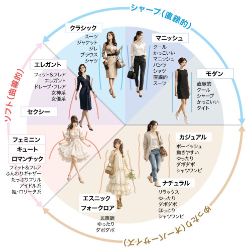 骨格診断でわかる似合う服のラインの説明図。シャープ（直線的）な服が似合うタイプ、ソフト（曲線的）な服が似合うタイプが円グラフに図解されている