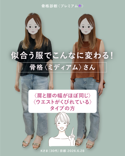 骨格診断プレミアムコース。骨格ミディアムタイプの30代女性のお客様の、似合う服によるビフォーアフター比較。肩と腰の幅がほぼ同じ、ウエストがくびれているタイプの方という説明と、笑顔のイラスト