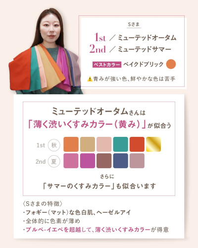 ミューテッドオータム（1st）/ ミューテッドサマー（2nd）の診断詳細。ベストカラーはベイクドブリック。薄く渋いくすみカラー（黄み）やサマーのくすみカラーが似合う特徴の解説