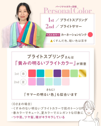 ブライトスプリングタイプの特徴解説。黄みの明るいブライトカラーとサマーの明るい色が似合う1stブライトスプリング・2ndブライトサマーの診断結果