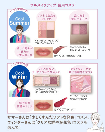 クールサマーとクールウィンターのフルメイク使用コスメ比較。サマーはセザンヌのアイシャドウ・ヴィセのチーク・ケイトのくすみローズリップなどソフトな発色。ウィンターはヴィセのアイシャドウ・セザンヌのチーク・ケイトの真紅リップなどクリアで鮮やかな発色