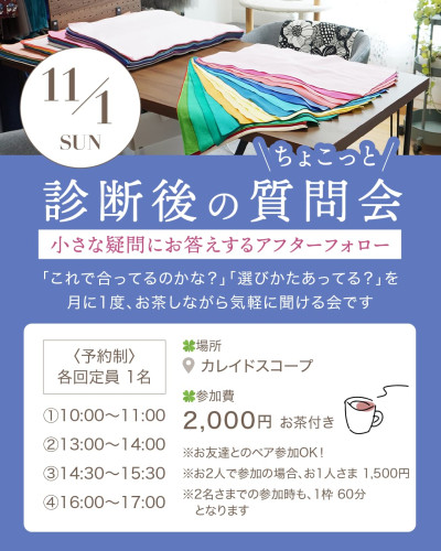 11月1日（日）開催「ちょこっと診断後の質問会」のお知らせ。予約制・各回定員1名。参加費2,000円、お茶付き。