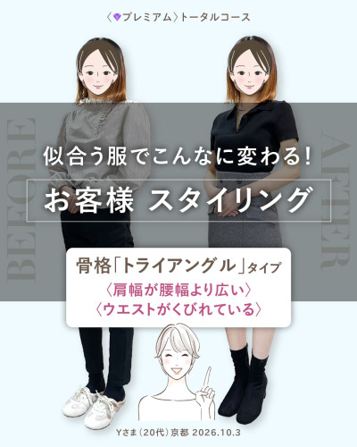 サロン「カレイドスコープ」のプレミアムトータルコース診断事例。20代・京都のYさま。「似合う服でこんなに変わる！お客様スタイリング」と題し、BEFOREのフリルブラウス姿とAFTERのポロシャツ・タイトスカート姿を比較。骨格診断「トライアングル」タイプの特徴として、肩幅が腰幅より広く、ウエストがくびれていることが挙げられている。下部にはポイントを指差す女性のイラスト。