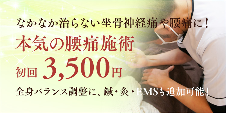 本気の腰痛施術 初回3,500円 坐骨神経痛・ヘルニア改善