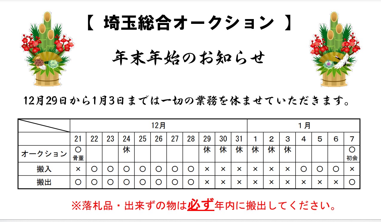 年末年始の商品搬入搬出について