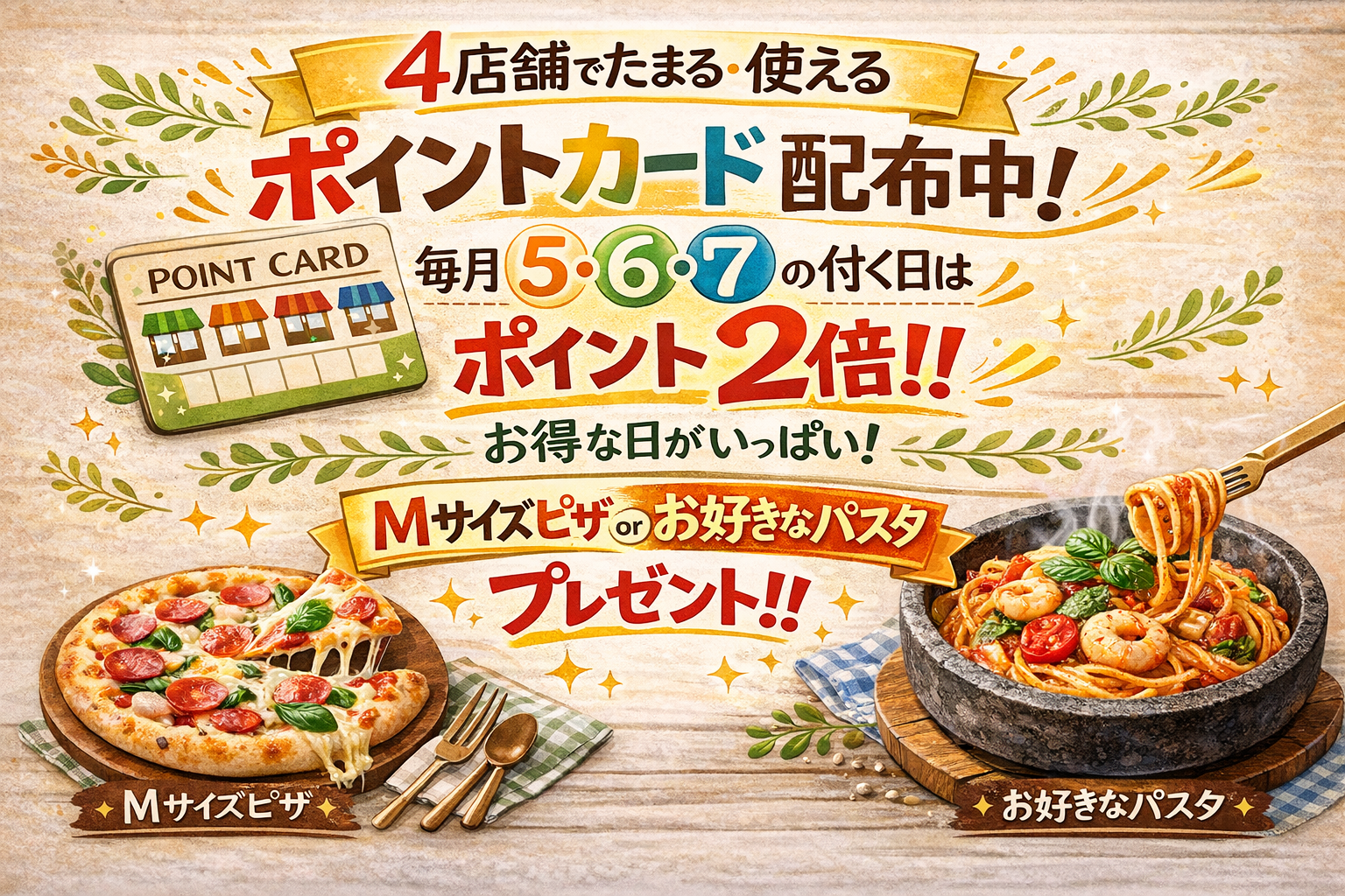 3/1スタート 4店舗共通ポイントカード（ポイント2倍デーあり）