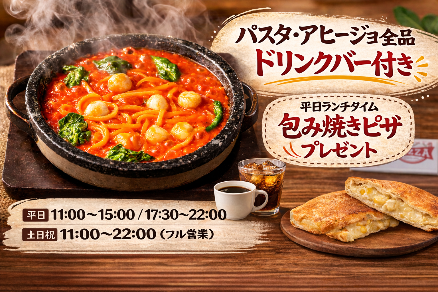 ランチタイム限定 包み焼きピザサービス｜魔法のパスタ伊集院店