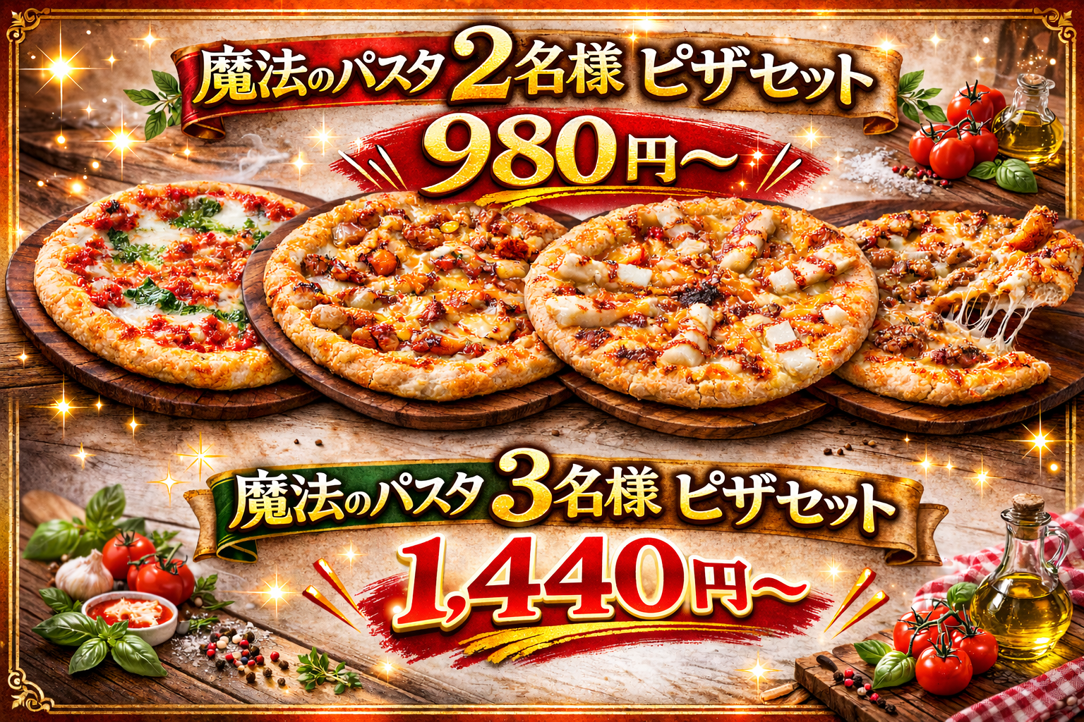 魔法のパスタ 2名様ピザセット 税抜980円（税込1,078円） 3名様ピザセット 税抜1,440円（税込1,584円）