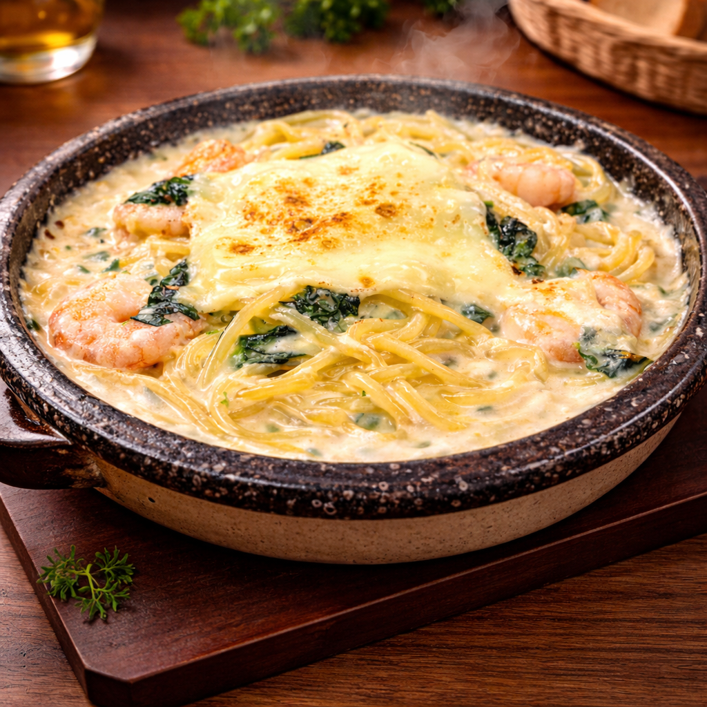 焦がしチーズと小エビの石焼きグラタン風パスタ