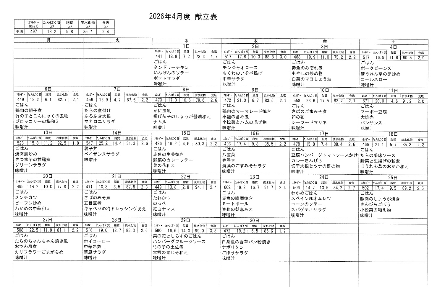  令和8年4月の献立表を更新しました。