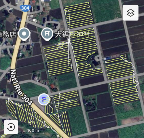 2025年8月　コシヒカリ防除　ドローン飛行軌跡