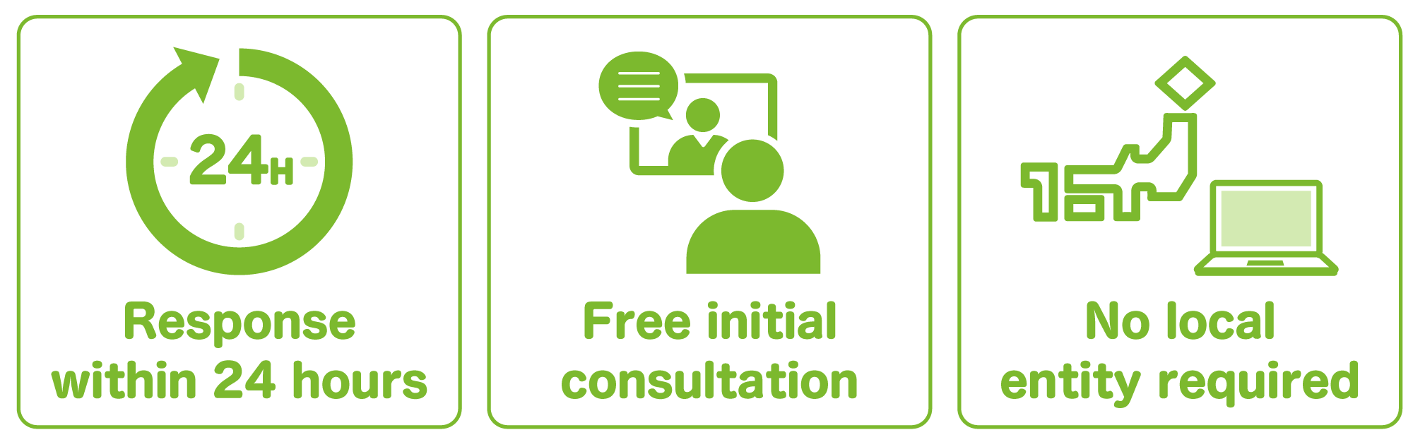 Response within 24 hours,Free initial consultation,No local entity required