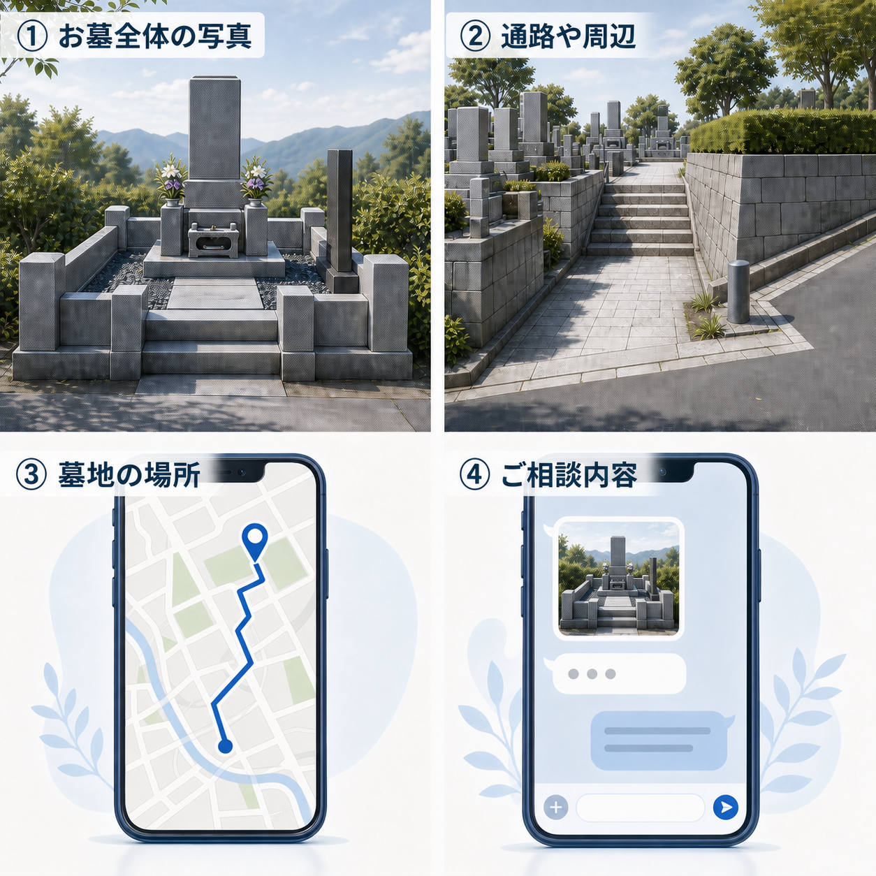 お墓全体・通路や周辺・墓地の場所・相談内容の送信例